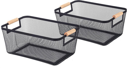 2-Pack Metal Mesh Basket, Large Wire Storage Organizer with Wood Handle for Kitchen Pantry, Bathroom, Cabinet, Closet, Picnic & Home Organization, Large, Black