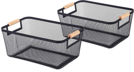 2-Pack Metal Mesh Basket, Large Wire Storage Organizer with Wood Handle for Kitchen Pantry, Bathroom, Cabinet, Closet, Picnic & Home Organization, Large, Black