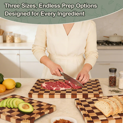 Cutting Board Set of 2 – Checkered Wood & Acrylic Cutting Board with Counter Lip for Kitchen Counter, Wood Checkerboard Chopping Board with Juice Grooves for Vegetables, Fruits, Meat