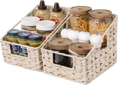 GRANNY SAYS Wicker Storage Baskets for Shelves, Trapezoid Woven Basket with Handles, Storage Wicker Baskets for Pantry, Water Hyacinth, 2-Pack