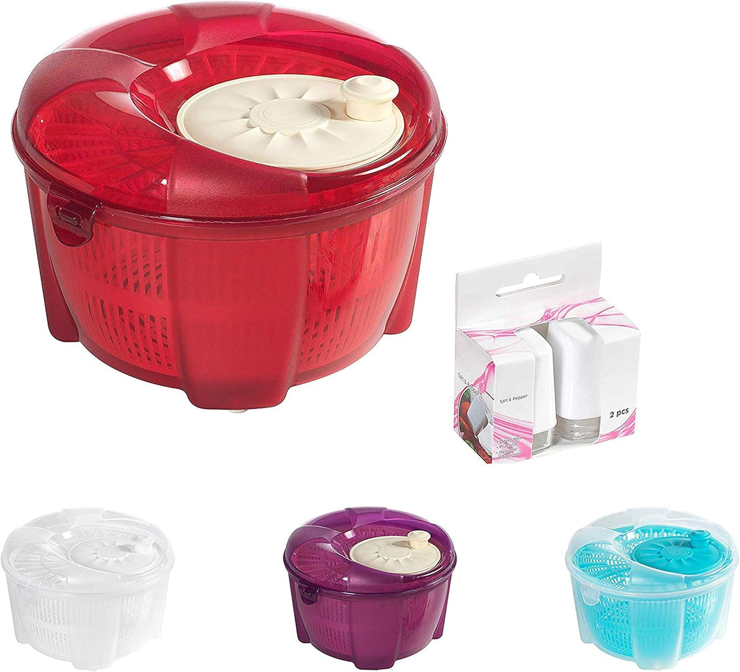 Mabel Home Salad Spinner, Salad Tosser and Mixer, 5,5 Quart, Vegetable Spinner -EXTRA Salt&Pepper Shaker inc. (Blue)