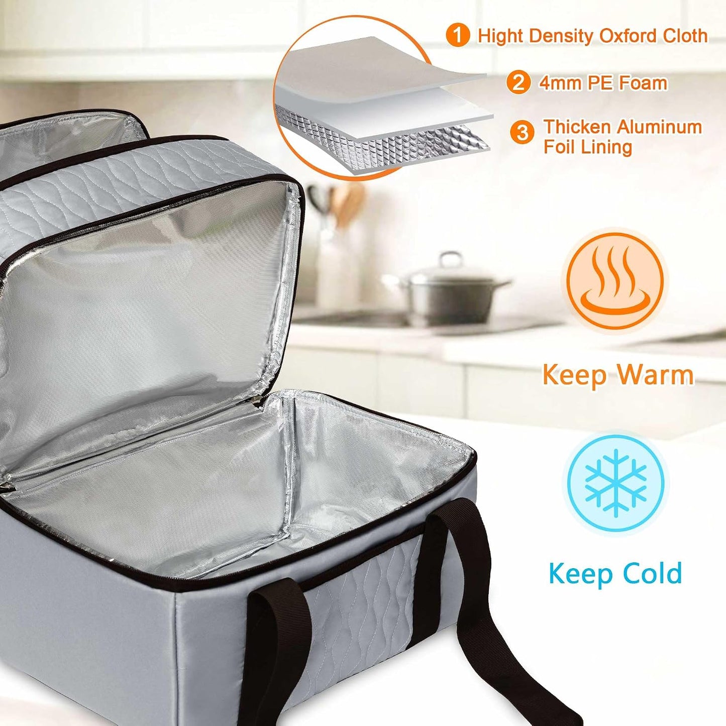Trunab Insulated Casserole Carrier Bag for Hot Food, Double Deck Food Containers, Fit 9x13 Foil Pan, Baking Dish, For Picnic Cookouts, Potluck Parties, Beach