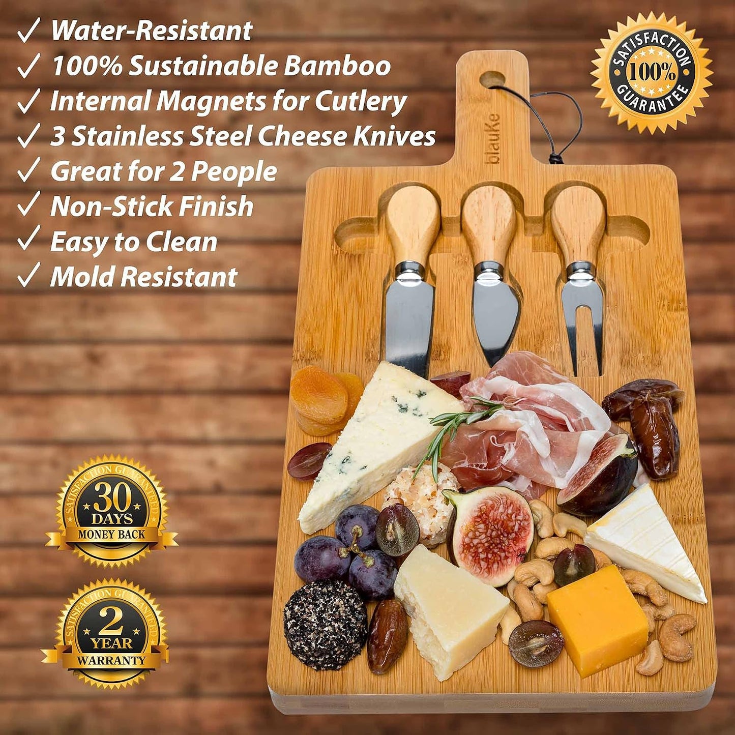 Bamboo Cheese Board and Knife Set – 14 inch Round Charcuterie Board, Serving Tray, Platter, Wood Cheeseboard Set with Slide-Out Drawer – BlauKe®