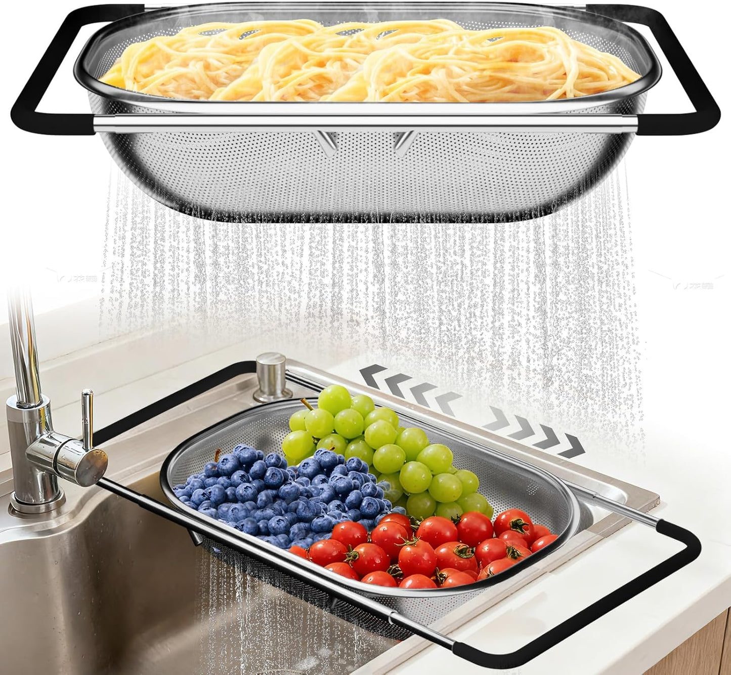 4-1 Colander with Bowl & Spoons Set - Rotatable Colander for kitchen with New Upgraded Graters, Food Strainer(Patented) for Pasta, Fruits, Vegetables, Funny Presents for Women, Beige