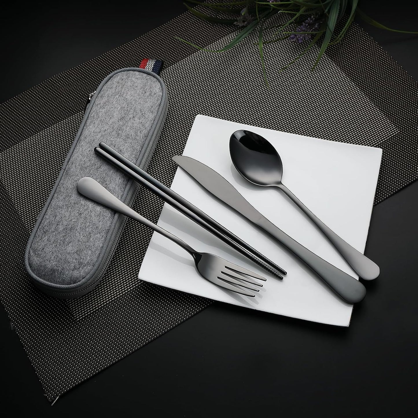 DEVICO Camping Utensils, Full-Size Reusable Silverware for Lunch Adult, Stainless Steel Travel Cutlery Set with Case, Portable Fork Spoon Knife Set for Work, Flatware with Chopsticks (Rainbow)