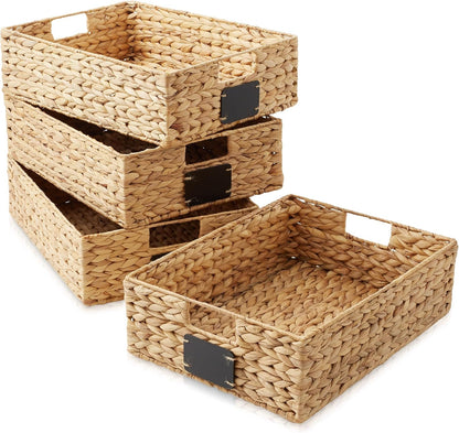 Casafield Set of 4 Water Hyacinth Pantry Baskets, 10" x 13" x 5", with Chalkboard Labels and Chalk Marker - Natural, Woven Storage Bin Organizers for Kitchen Shelves