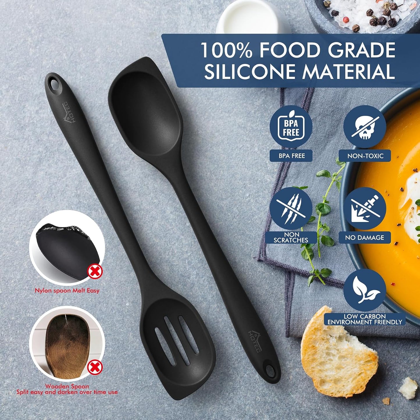HOTEC 446°F Heat Resistant Silicone Cooking Spoon Spatula, BPA Free Large Kitchen Solid and Slotted Spoons for Mixing, Serving, Scraping, Non-stick, Dishwasher Safe Classic Blue 12.5inch