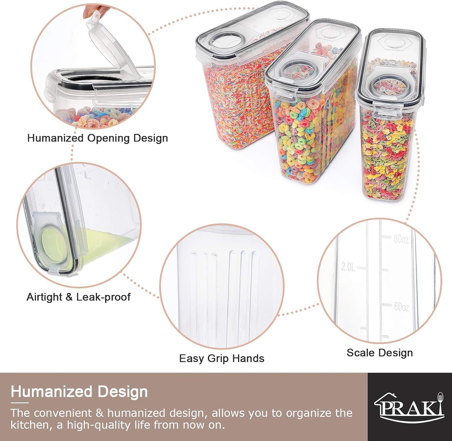 PRAKI Cereal Containers Storage Set (4L,135.2 Oz), 8PCS Airtight Food Storage Containers with Lids for Kitchen & Pantry Organizers and Storage, Cereal Dispensers with 20 labels, Measuring Cup & Marker