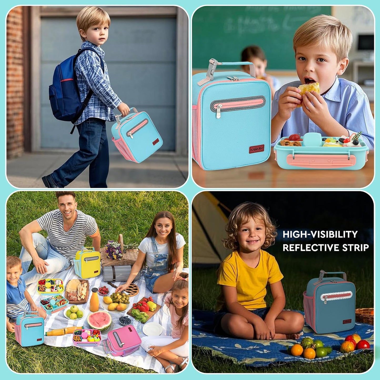 MaMix Bento Lunch Box for Kids, Lunchable Containers for Kids Adults with 4 Compartments + Lunch Bag, with Utensils, Sauce Jar, Muffin Liners (blue set)