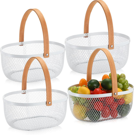 Maxcheck 4 Pcs Oval Metal Wire Storage Basket with Handle for Gathering Vegetables Multi Functional Mesh Basket for Kitchen Bathroom Picnic Home, 10.24 x 7.68 Inch(White)