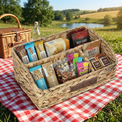 Snack Organizer for Countertop, Trapezoid Snack Basket Water Hyacinth Pantry Basket, Wicker Baskets for Organizing, 3 Compartments Snack Bin for Snack Bar Organizer, Cabinet Kitchen Storage