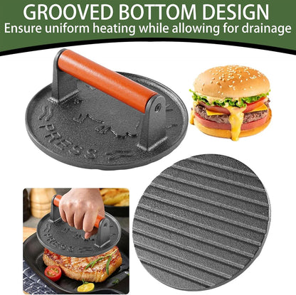 Cast Iron Burger Press, 7.2 inch Round, Wood Handle