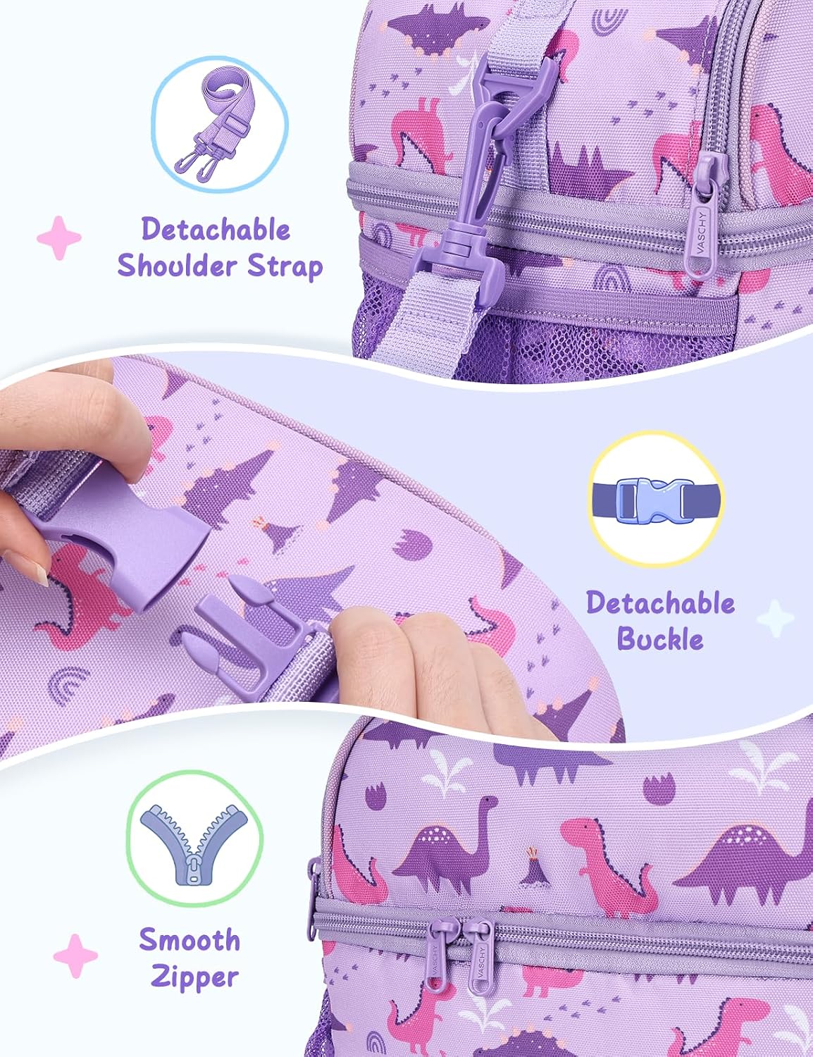 VASCHY Lunch Box Bag for Kids, Insulated Double Compartments Cooler Lunch Tote for Toddlers Boys Girls School/Daycare/Picnic Black Dinos