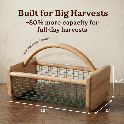 HOMESTEAD Garden Hod Harvest, Durable Acacia Wood Frame with Rotating Handle Basket, Farmhouse Basket for Home Improvement, Gardening, Farm, Kitchen, Indoor Outdoor Use, Natural Color