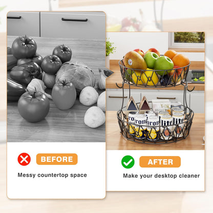 3 Tier Fruit Basket with 2 Banana Hangers for Kitchen Counter | 3-Tier Detachable Design,Metal Wire Construction, Wooden Handle, Large Capacity, Multi-Purpose Organizer,Mesh Basket