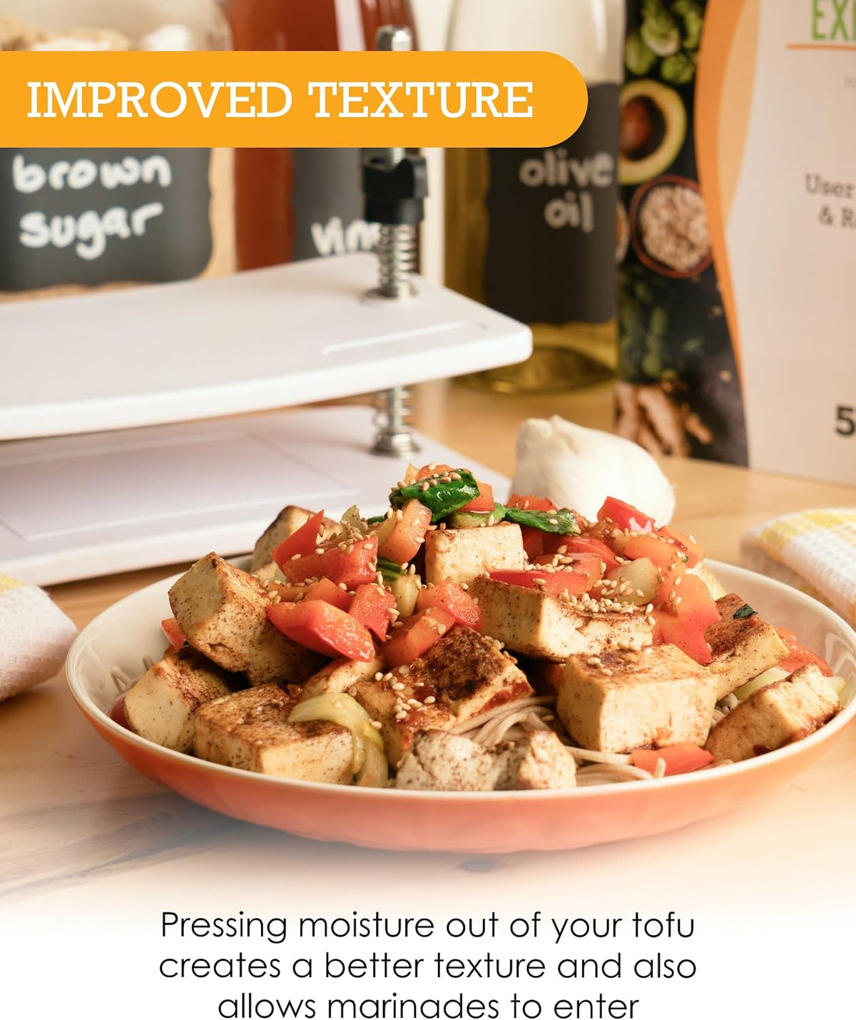 Extra Firm Tofu Press by Healthy Express - Premium Curved Plates for Superior Pressing Results on Firm and Extra Firm Tofu. Healthy Eating is Now Easier. (2-Post/2-Spring)