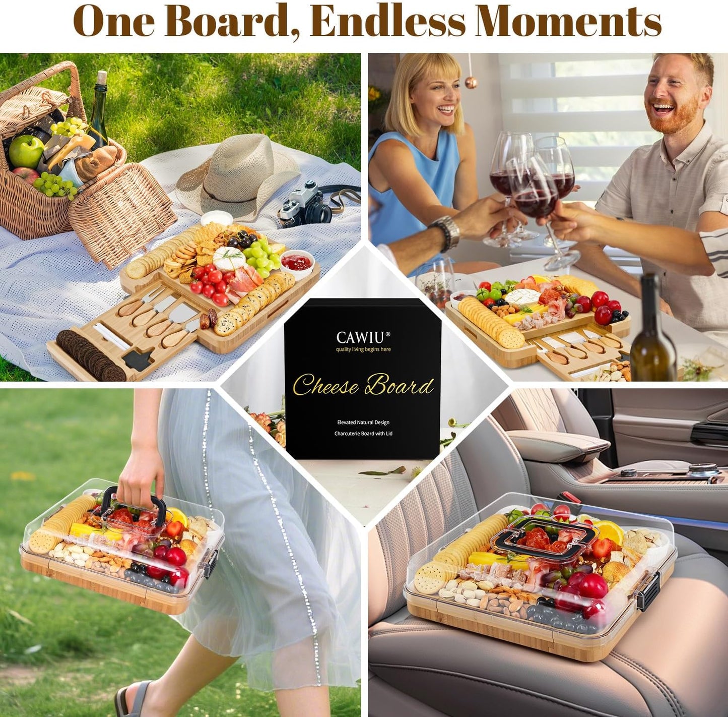 Premium Charcuterie Board with Lid – Bamboo Cheese Board Set with Utensils, Drawer & Fruit Tray – House Warming Gifts New Home, Wedding, Birthday, Bridal Shower (Black)