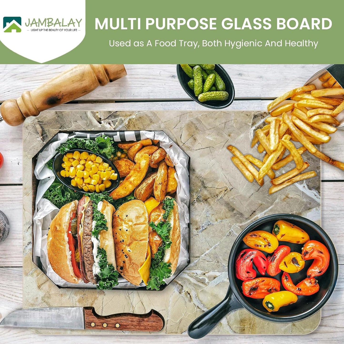 JAMBALAY Tempered Glass Cutting Boards for Kitchen, Gold 12"x8" & 16"x12" Glass Cutting Board Set with Marble Design, With Non Slip Foot, Shatter and Heat Resistant, Dishwasher Safe