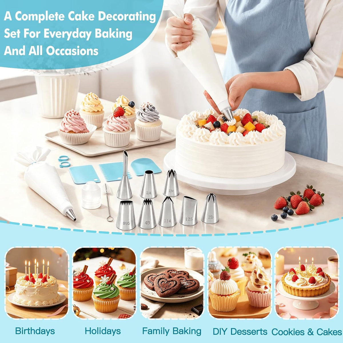 8PCS Large Piping Tips Set, Piping Bags and Tips Set, 304 Stainless Steel Cake Decorating Tips with Reusable Piping Bag, Cake Decorating Kit for Cookie, Cupcake, Cake Decoration