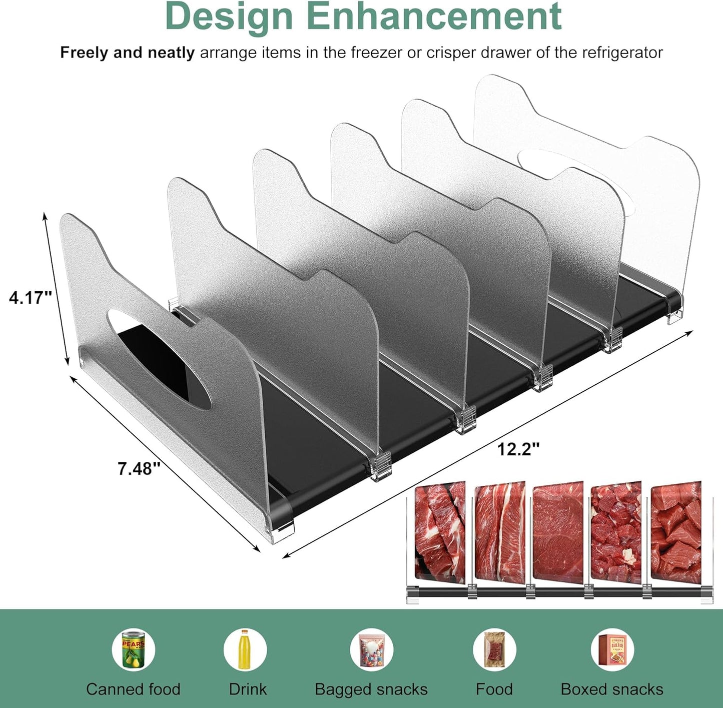 SURETIVIAN Freezer Organizer 12” Visible Fridge Organizer Rack with Removable Dividers and Handles, Freely Adjustable, Fits Refrigerator Frozen Meals, Lunch Meat Box, Cheeses (Mint Green)