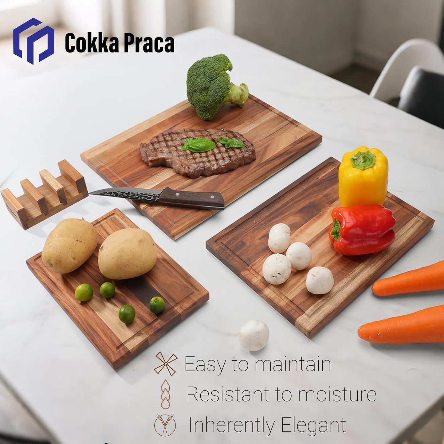 Acacia Wood Cutting Board Set with Stand | 3 Pcs Knife-Friendly Non-Slip Wooden Cutting Boards for Kitchen | 0.7″Thick Butcher Block | Large Solid Chopping Boards with Juice Groove