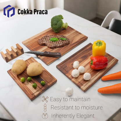 Acacia Wood Cutting Board Set with Stand | 3 Pcs Knife-Friendly Non-Slip Wooden Cutting Boards for Kitchen | 0.7″Thick Butcher Block | Large Solid Chopping Boards with Juice Groove