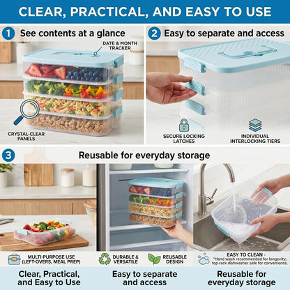 4 Tier Stackable Food Storage Container with Handle, Extra High Portable Carrier Box for Cookies, Cupcakes, Charcuterie, Pastries and Party Snacks (Mint Green)