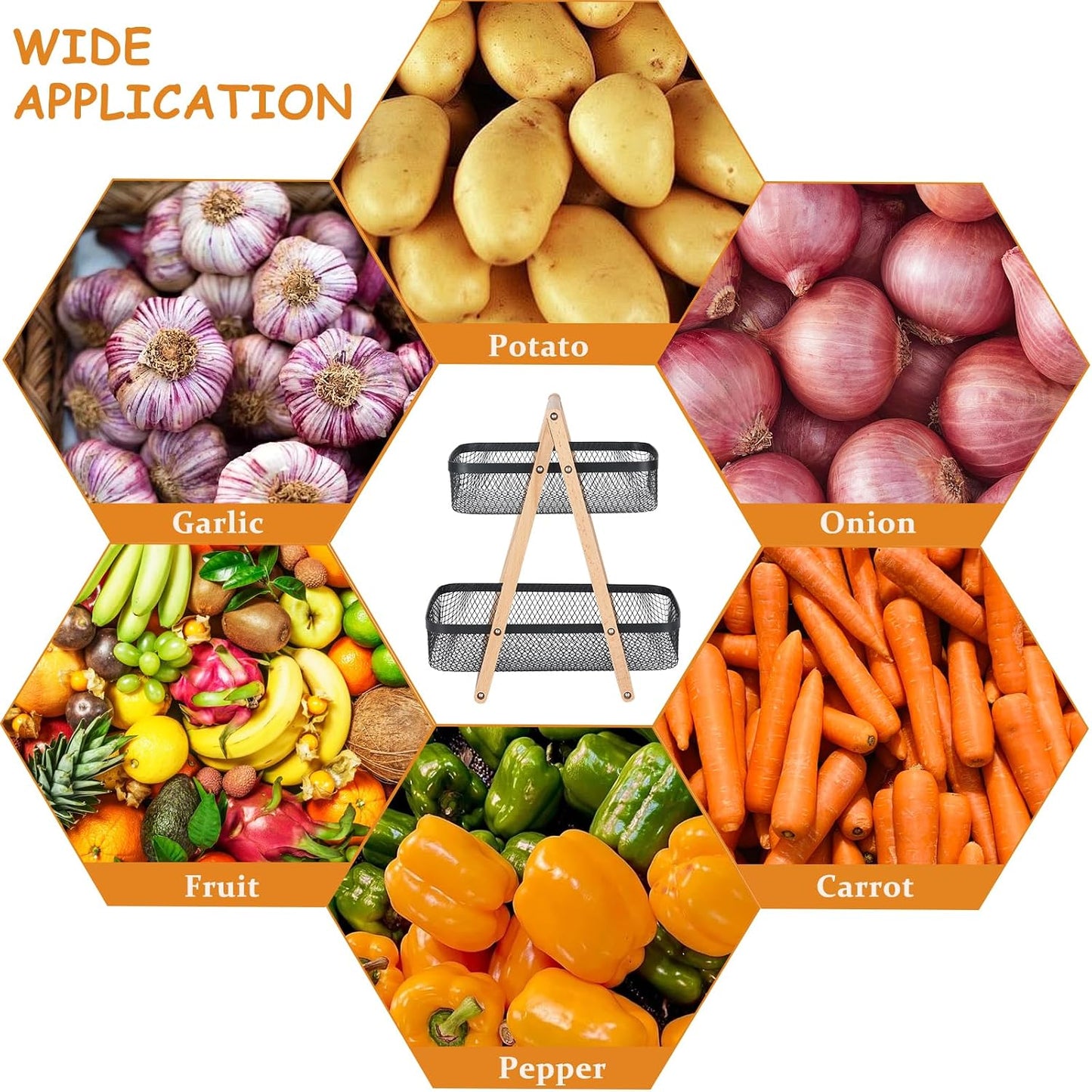 2 Tier Onion and Potato Storage Basket for Pantry, Wire Produce Organizer with Wooden Handle, Kitchen Counter Vegetable Bin for Garlic, Fruit, Bread and Snacks, Black