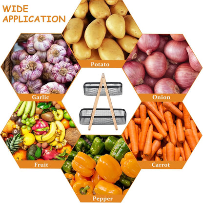 2 Tier Onion and Potato Storage Basket for Pantry, Wire Produce Organizer with Wooden Handle, Kitchen Counter Vegetable Bin for Garlic, Fruit, Bread and Snacks, Black