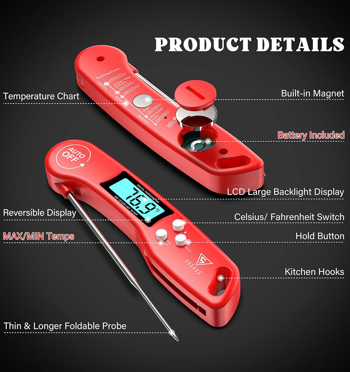 DOQAUS Meat Thermometer Digital – Instant Read Food Thermometer for Cooking