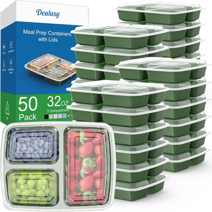 50 Pack (100-Piece) 32 oz Meal Prep Containers Reusable with Lids 3-Compartment, To Go Take Out Plastic Food Storage Containers, Sturdy Leakproof Food Safe, Microwave Freezer Dishwasher Safe, Black