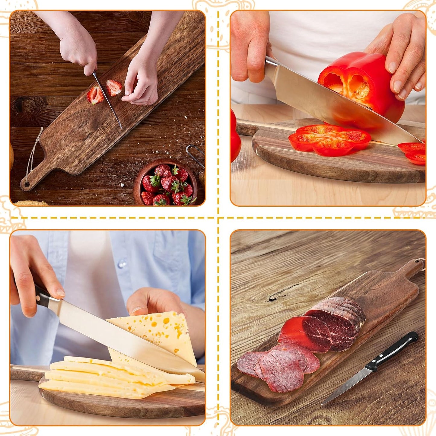 Hsei 2 Pcs Acacia Wood Cutting Board with Handle Wooden Charcuterie Board Large Paddle Carving Chopping Set Butter Serving Tray for Cheese Meat Fruit Pizza Bread(Vintage Style, 16x12, 17x13 Inch)
