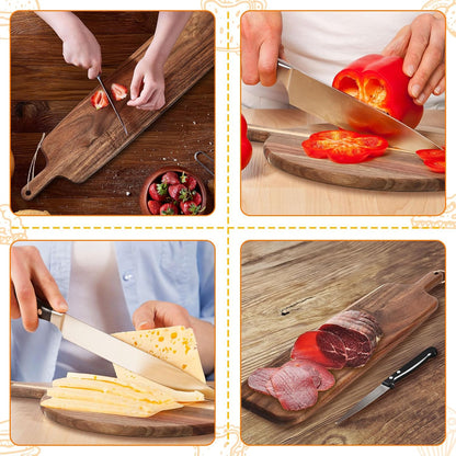 Hsei 2 Pcs Acacia Wood Cutting Board with Handle Wooden Charcuterie Board Large Paddle Carving Chopping Set Butter Serving Tray for Cheese Meat Fruit Pizza Bread(Vintage Style, 16x12, 17x13 Inch)
