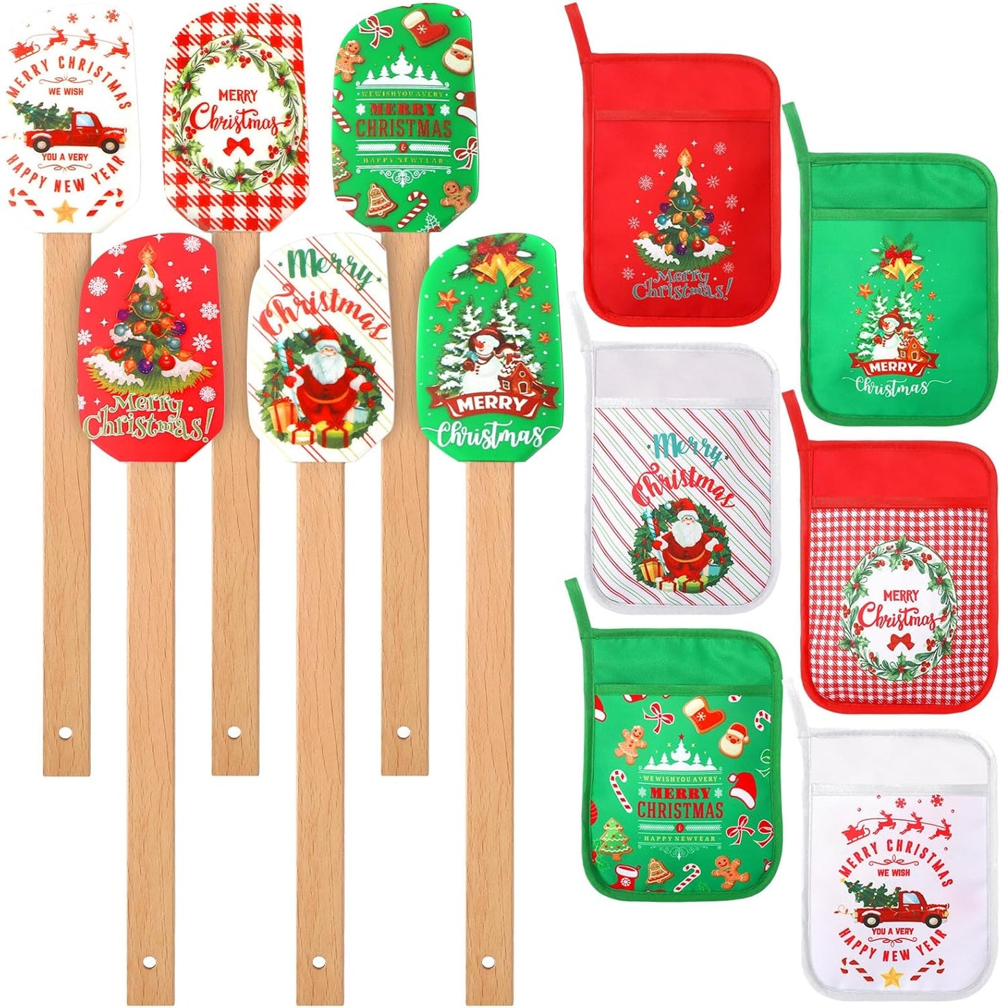 Zhehao 12 Pcs Christmas Silicone Spatulas Pot Holders Set Heat Resistant Pot Holders with Pocket Baking Gifts for Christmas Gift Party Supplies (Vibrant Christmas Style)