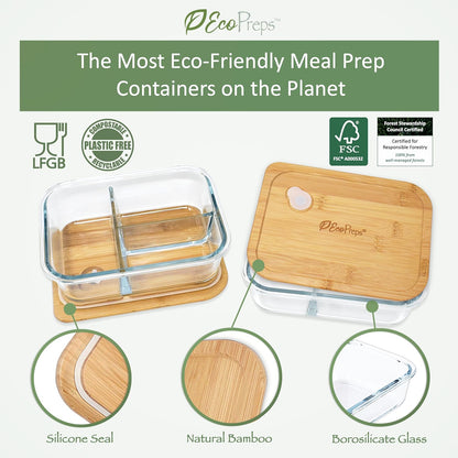 Glass Meal Prep Containers with Bamboo Lids (3 Pack) - 100% Plastic Free, Eco-Friendly Lunch Containers, Bamboo Lid Storage Container Set - Microwave Safe Glass Food Storage Container Set