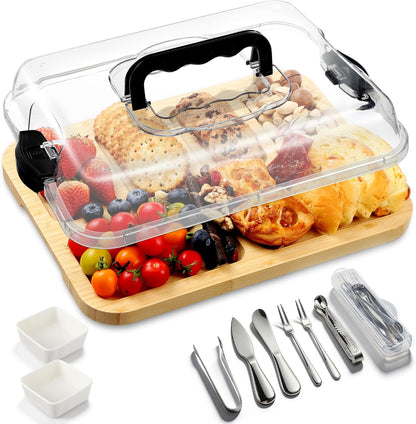 Kochorie 10 Pieces Portable Bamboo Cheese Board Set Charcuterie Board with Lid and Handle, Knife Set Meat Fruit Serving Tray Platter for Travel Picnic Kitchen House Warming Gifts (Rectangular)