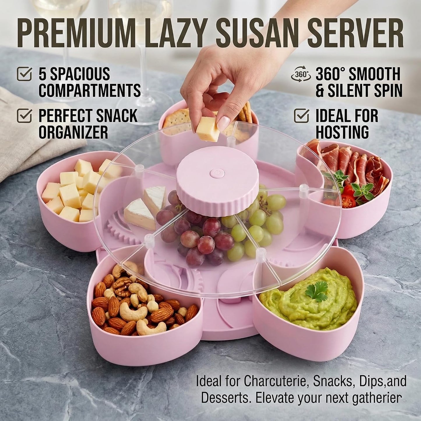 Multi-Compartment Rotating Snack Container with Clear Lid - Dust-Proof Divided Snack Tray for Parties & Picnics, Portable Lazy Susan Food Organizer, Covered Travel Snack Box (Blue)