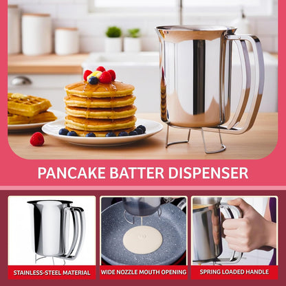 Pancake Batter Dispenser- Gourmet Stainless-Steel Pourer- Perfect for Baking Cupcakes, Waffles, Cakes, and Muffins- No Drip Dispenser by Chef Buddy