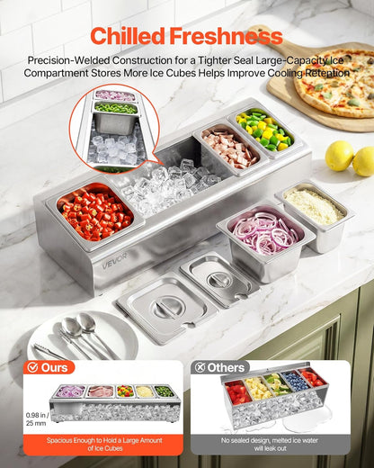 VEVOR Chilled Condiment Server Caddy, 5 Compartment Ice Cooled Serving Container, Plastic Fruit Garnish Tray Platter with Lid, for Taco Salad Bar Accessories, Party Home Restaurant Supplies
