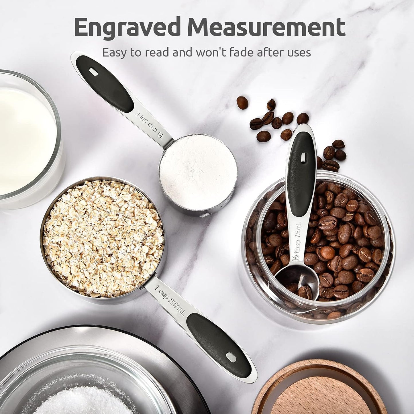 U-Taste 12 Piece Measuring Cups and Spoons Set in 18/8 Stainless Steel : 7 Measuring Cups & 5 Measuring Spoons