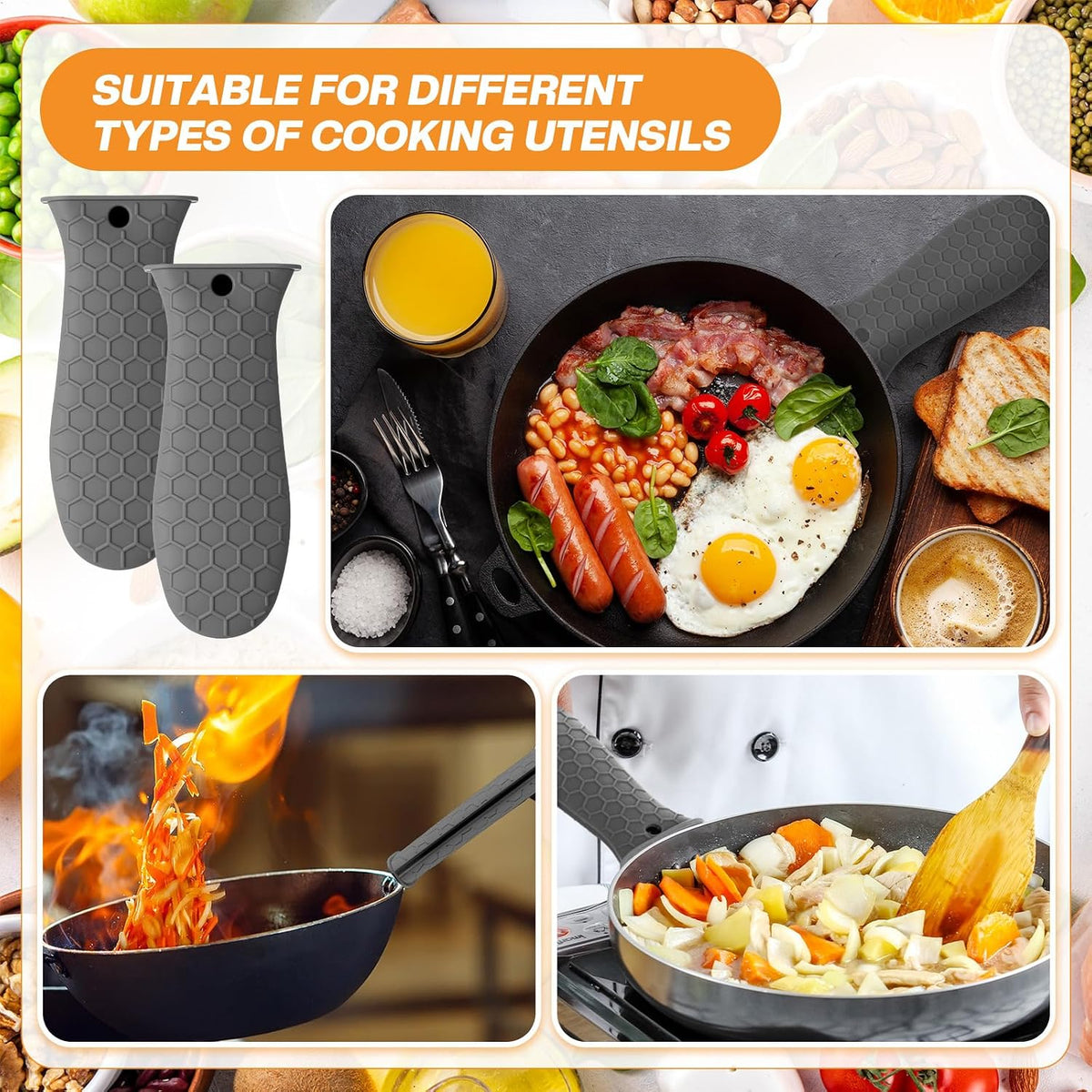 Patelai 2pcs Silicone Pan Handle Sleeve for Cast Iron Skillet, Black