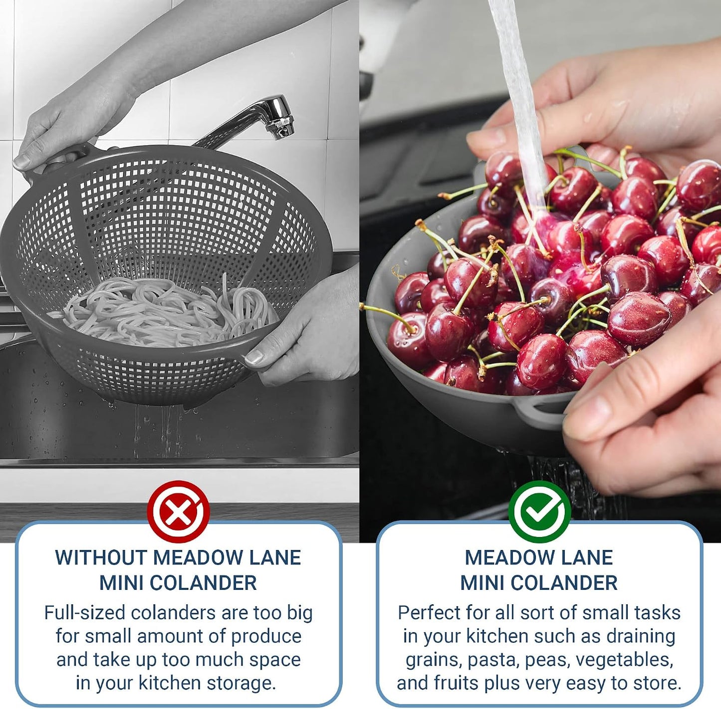 Meadow Lane 6-inch Small Colander, BPA-Free, Dishwasher Safe, Double Handles, Compact Food Strainer for Berries, Veggies and Pasta, 3-Cup Capacity, Smooth White