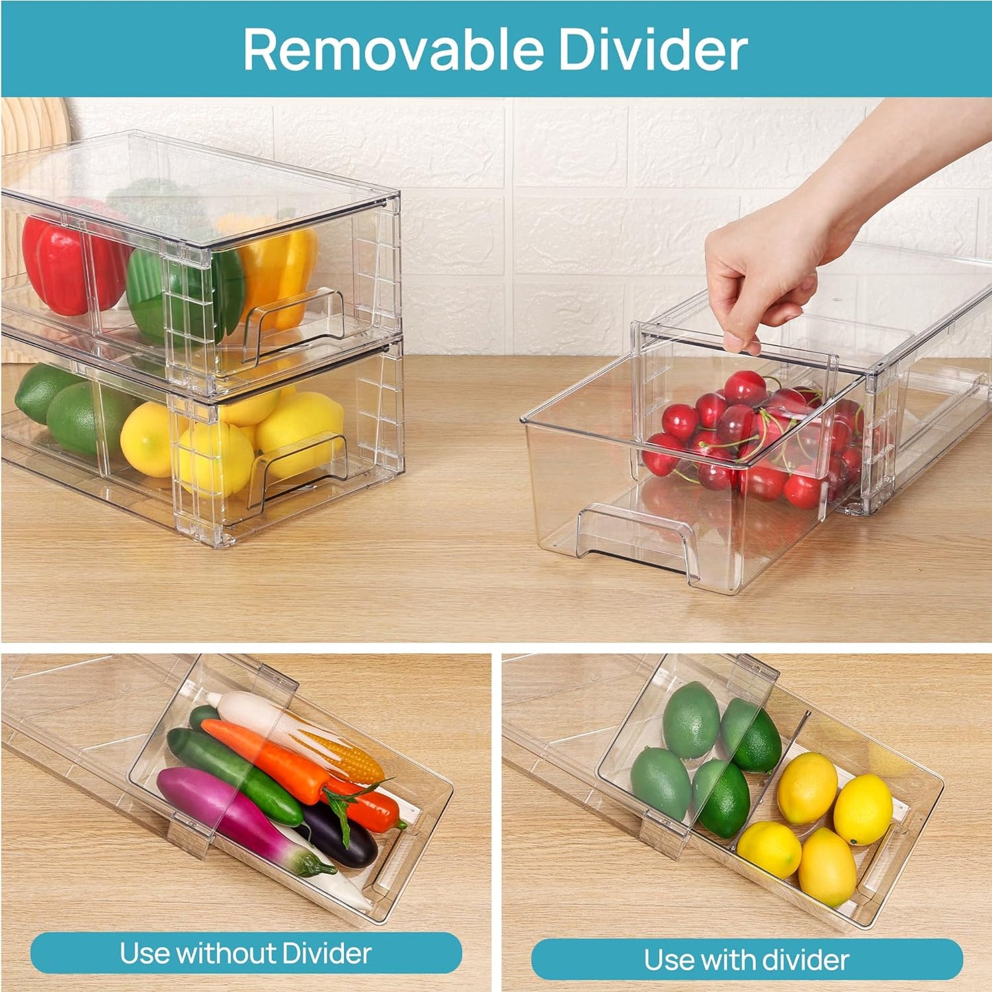 Vtopmart 4Pack Large Stackable Pantry Storage Drawers, Clear Organizer Bins with Handles, Acrylic Drawer Organizers for Kitchen, Pantry, Bathroom Undersink, Cabinet Organization and Storage