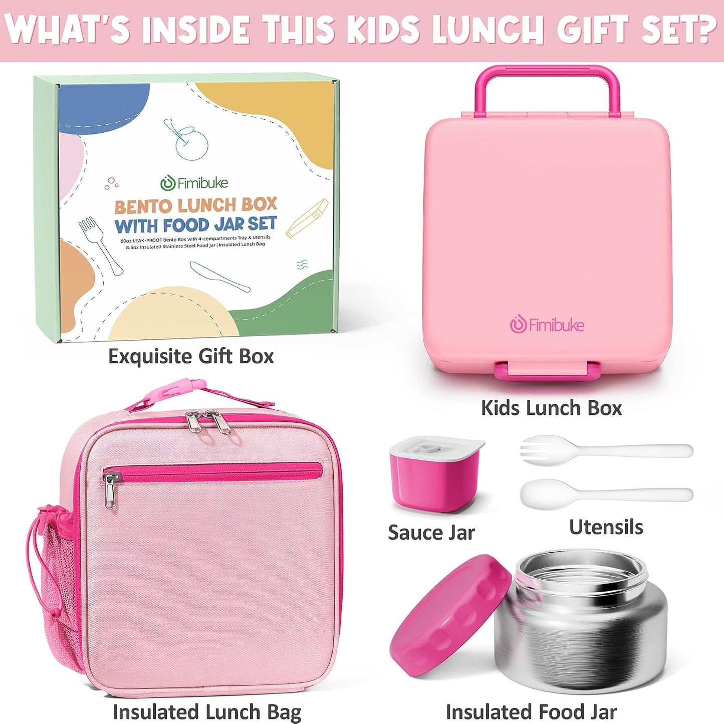 Fimibuke Kids Bento Lunch Box with Thermo, Leakproof Toddler Bento Box with 8.5OZ Insulated Food Jar, Lunch Bag & Utensils BPA Free Dishwasher Safe 3 or 4 Compartment Container for School Girls Boys