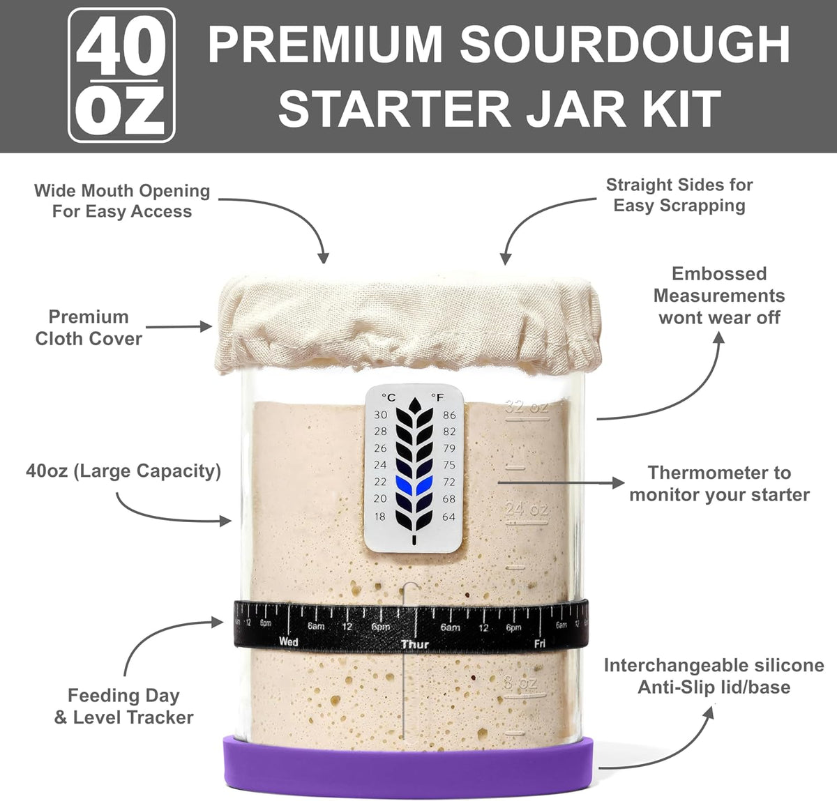 BALCI Premium Sourdough Starter Jar - 40oz Wide Mouth Kit (Blue)