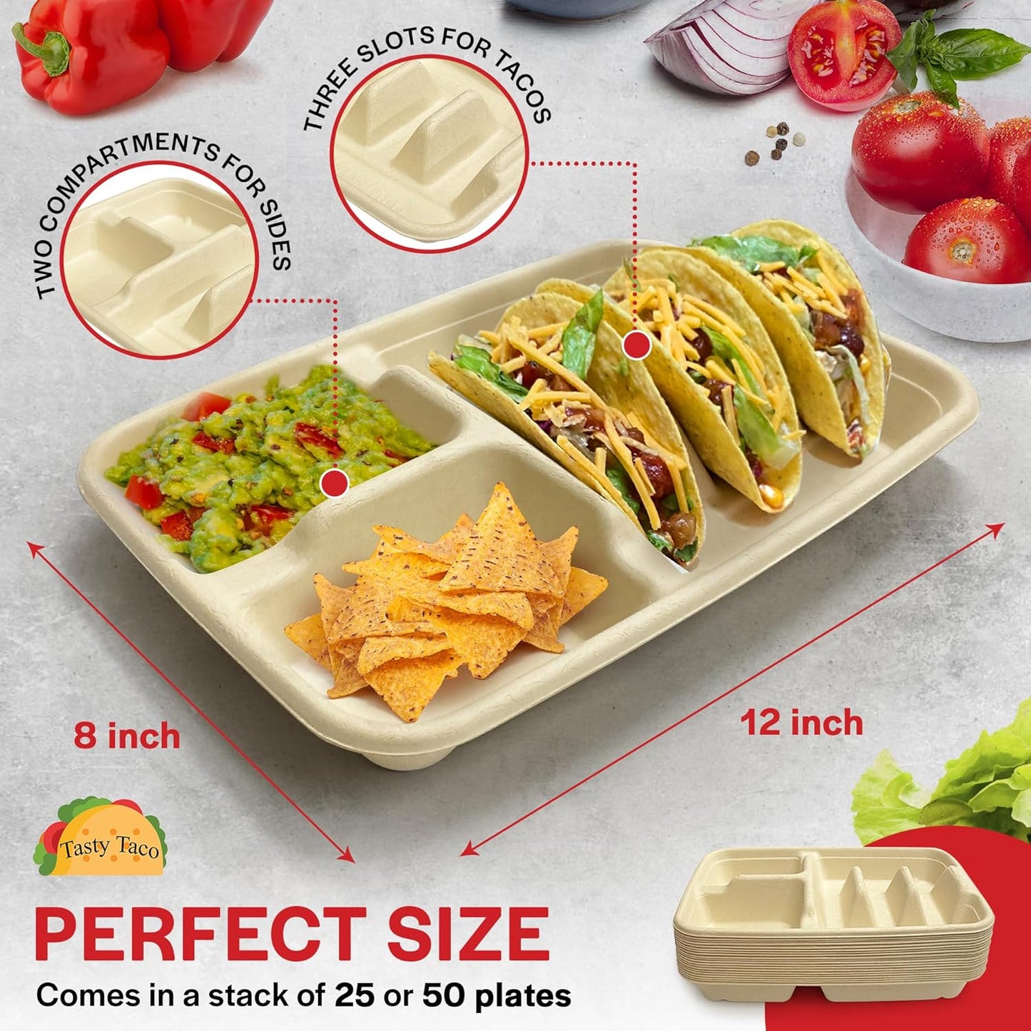3-Taco & 2-Sides Taco Plates, Disposable Paper Plates with Dividers – 25 PACK | Taco Tray for Party, Fiesta Taco Holder, Taco Stand for Taco Tuesday & Taco Bar, Microwave-Safe Taco Plates (25 Plates)