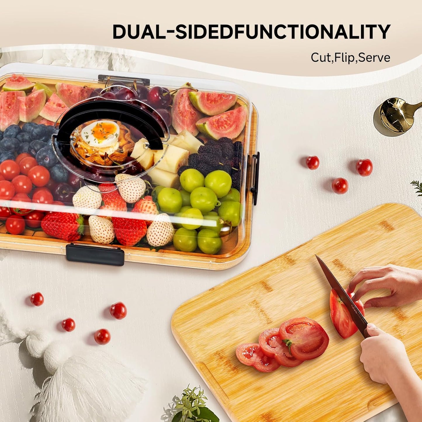 Charcuterie Board with Clear Locking Lid, Portable Travel Cheese Board & Snack Tray with Handle, 6-Compartment Charcuterie Boards, Reversible Cutting Board for Parties, Potlucks, Housewarming Gifts