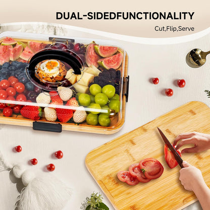 Charcuterie Board with Clear Locking Lid, Portable Travel Cheese Board & Snack Tray with Handle, 6-Compartment Charcuterie Boards, Reversible Cutting Board for Parties, Potlucks, Housewarming Gifts
