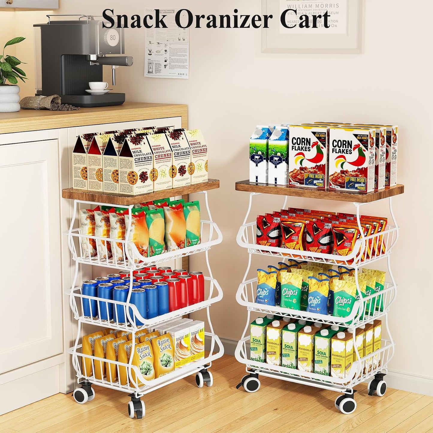 SAYZH Fruit Basket Kitchen Pantry Organizers and Storage - Wooden Top Table, Stackable Metal Wire Basket Stand Cart for Fruit Vegetable Snacks Onion Potato Organization (White, 5 Tiers)