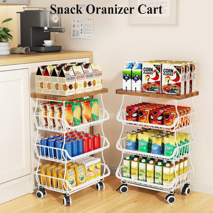 SAYZH Fruit Basket Kitchen Pantry Organizers and Storage - Wooden Top Table, Stackable Metal Wire Basket Stand Cart for Fruit Vegetable Snacks Onion Potato Organization (Black, 5 Tiers)